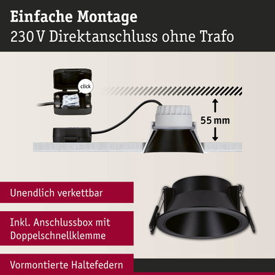 Schwarzer Einbaustrahler mit 55 mm Einbautiefe und Anschlussbox für 230V Direktanschluss ohne Trafo