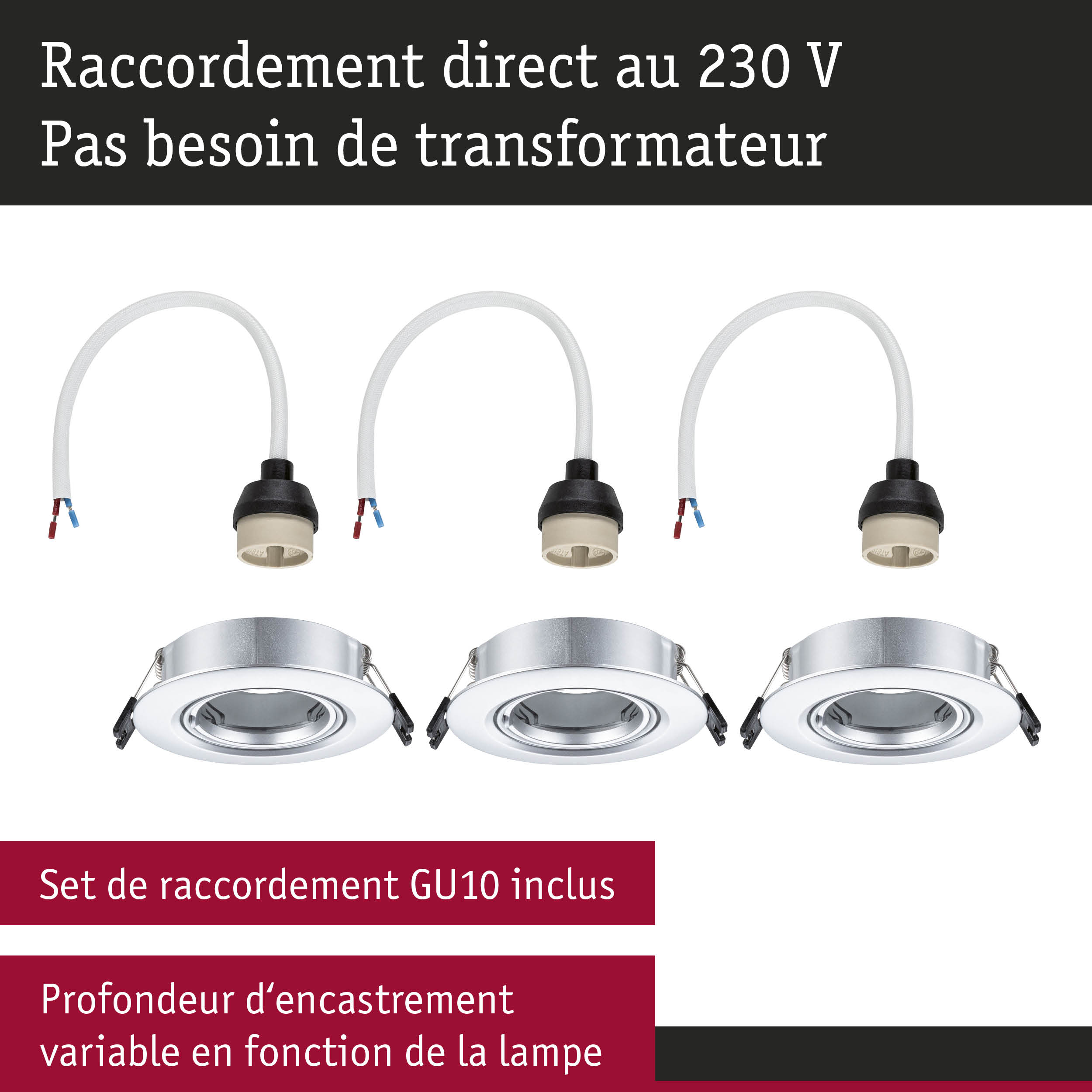 Lot de trois douilles GU10 avec câble blanc et connecteur noir pour spots encastrés 230V