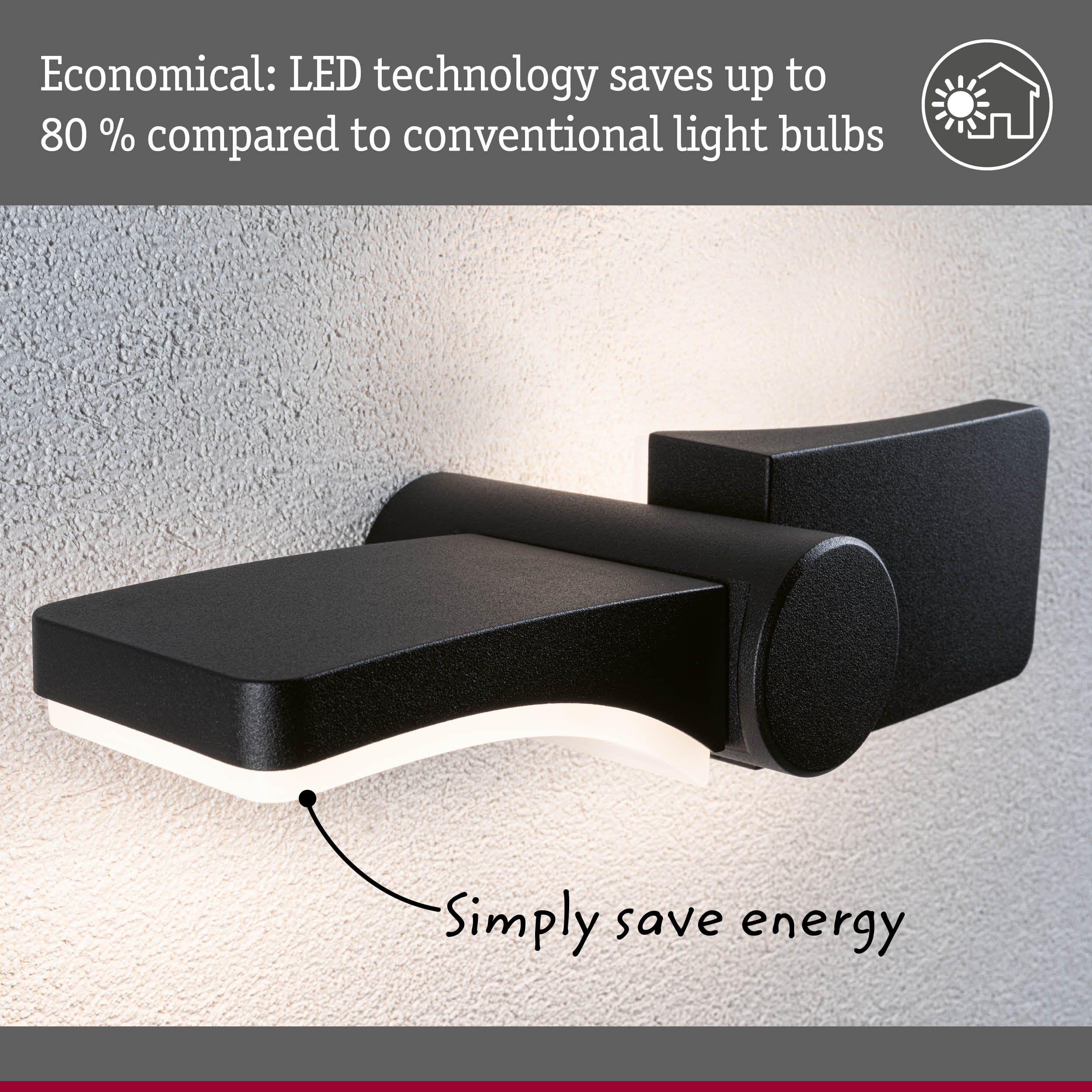 Black LED wall light with energy-saving technology and modern design on textured wall