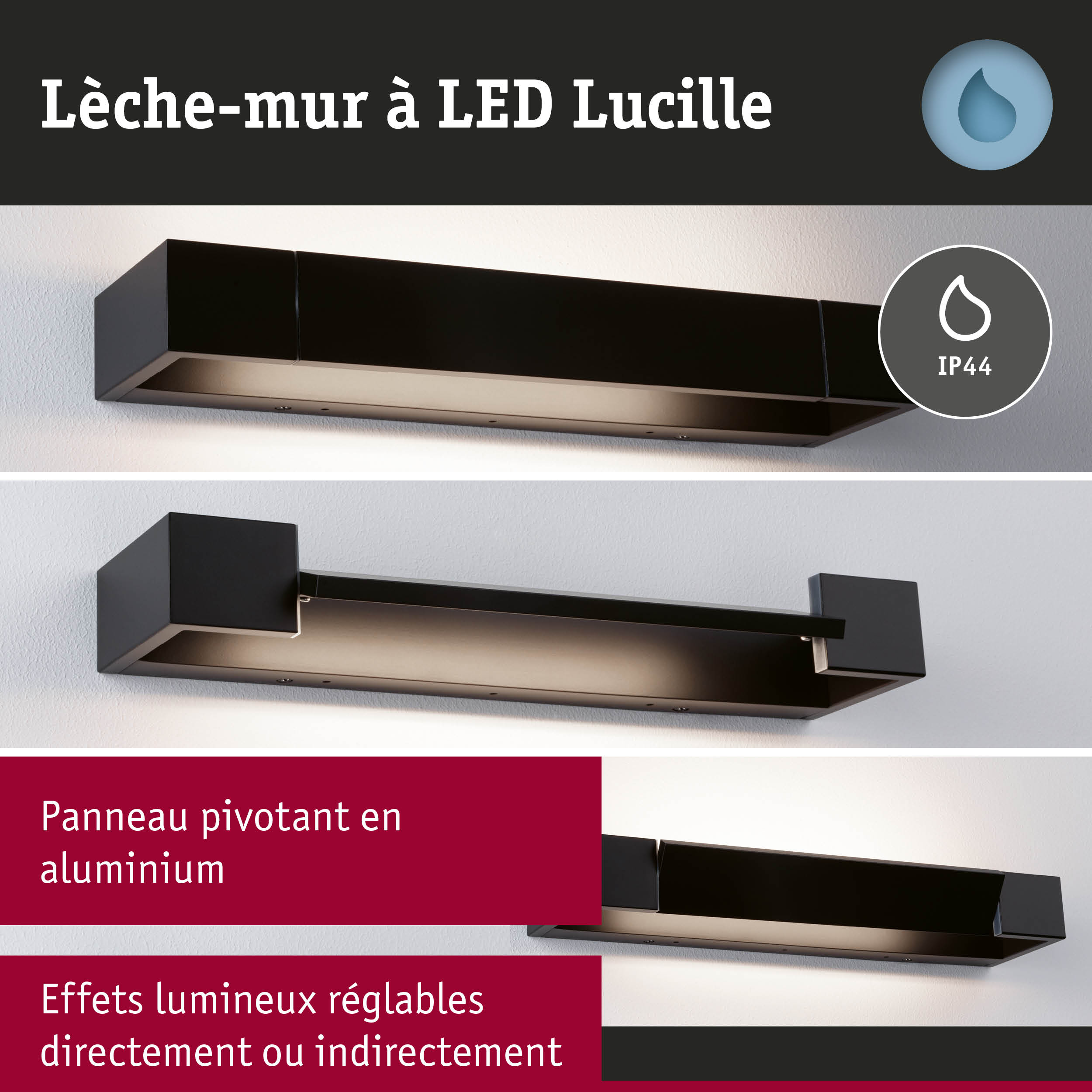 Applique murale LED noire Lucille en aluminium avec indice IP44 et effets lumineux réglables