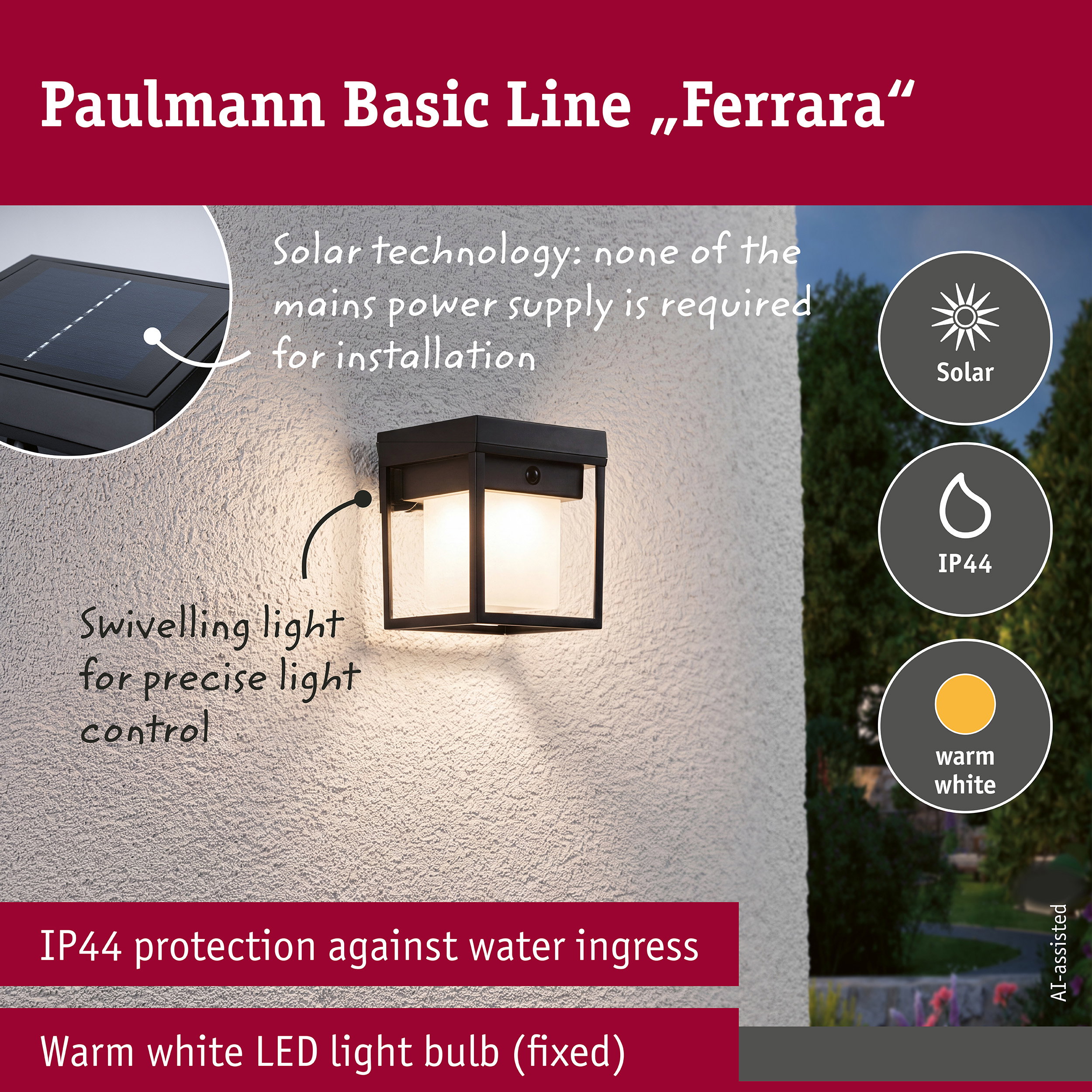 Solar LED Exterior wall light Ferrara IP44 angular 121x156mm 3000K 4,2W 400lm 3,7V Black