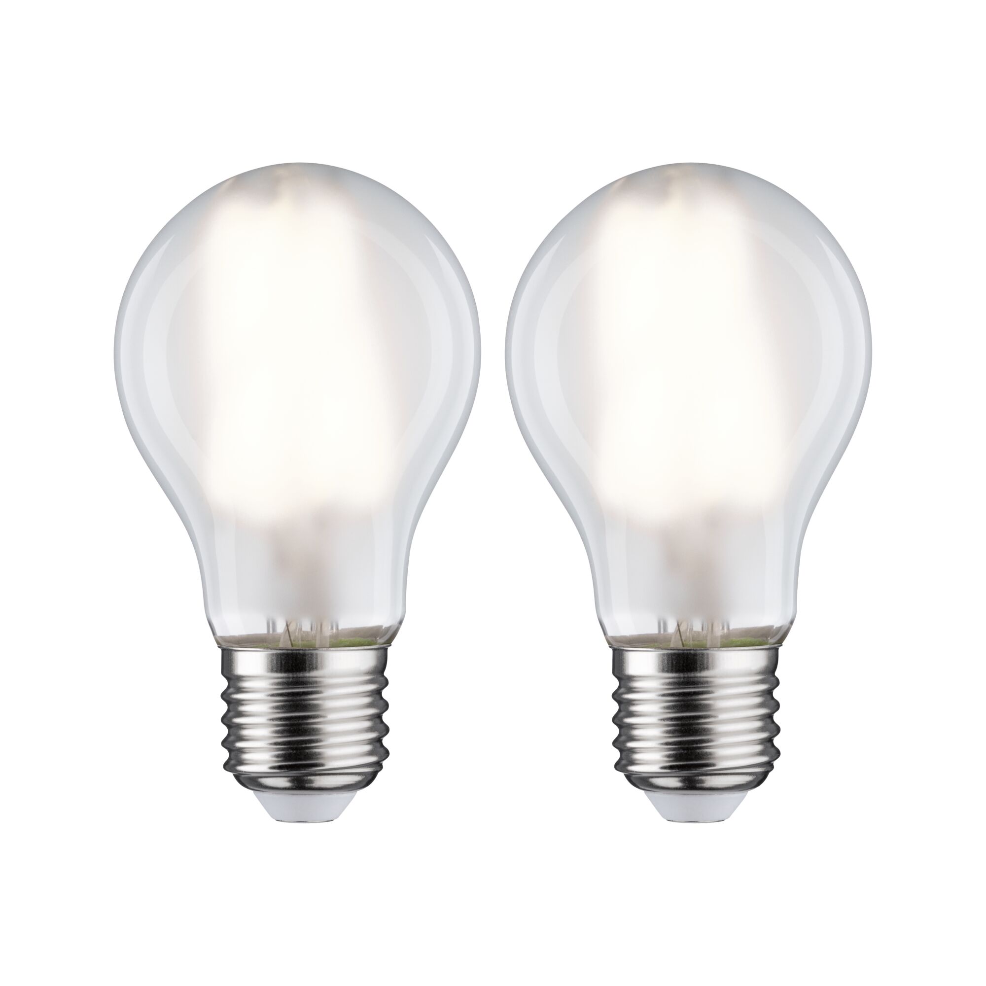 Zwei klare LED-Glühbirnen mit E27-Fassung und warmweißem Licht für energiesparende Beleuchtung
