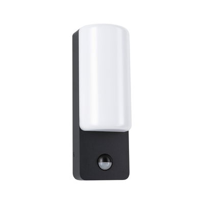 Modern black outdoor wall light with white diffuser and motion sensor for garden lighting