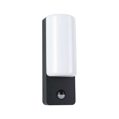Modern black outdoor wall light with white diffuser and motion sensor for garden lighting