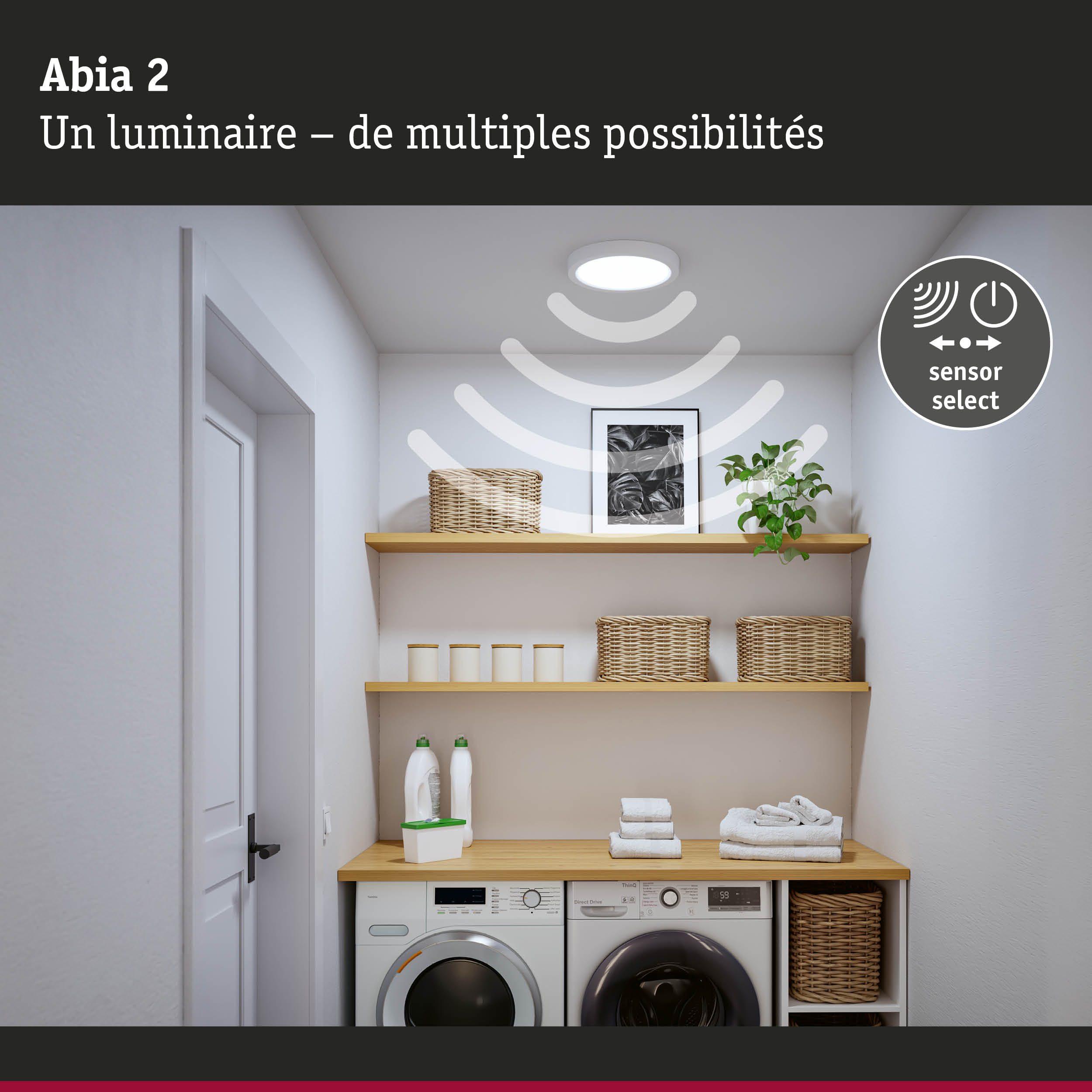 Plafonnier LED Abia 2 blanc avec capteur, idéal pour l'éclairage fonctionnel des buanderies
