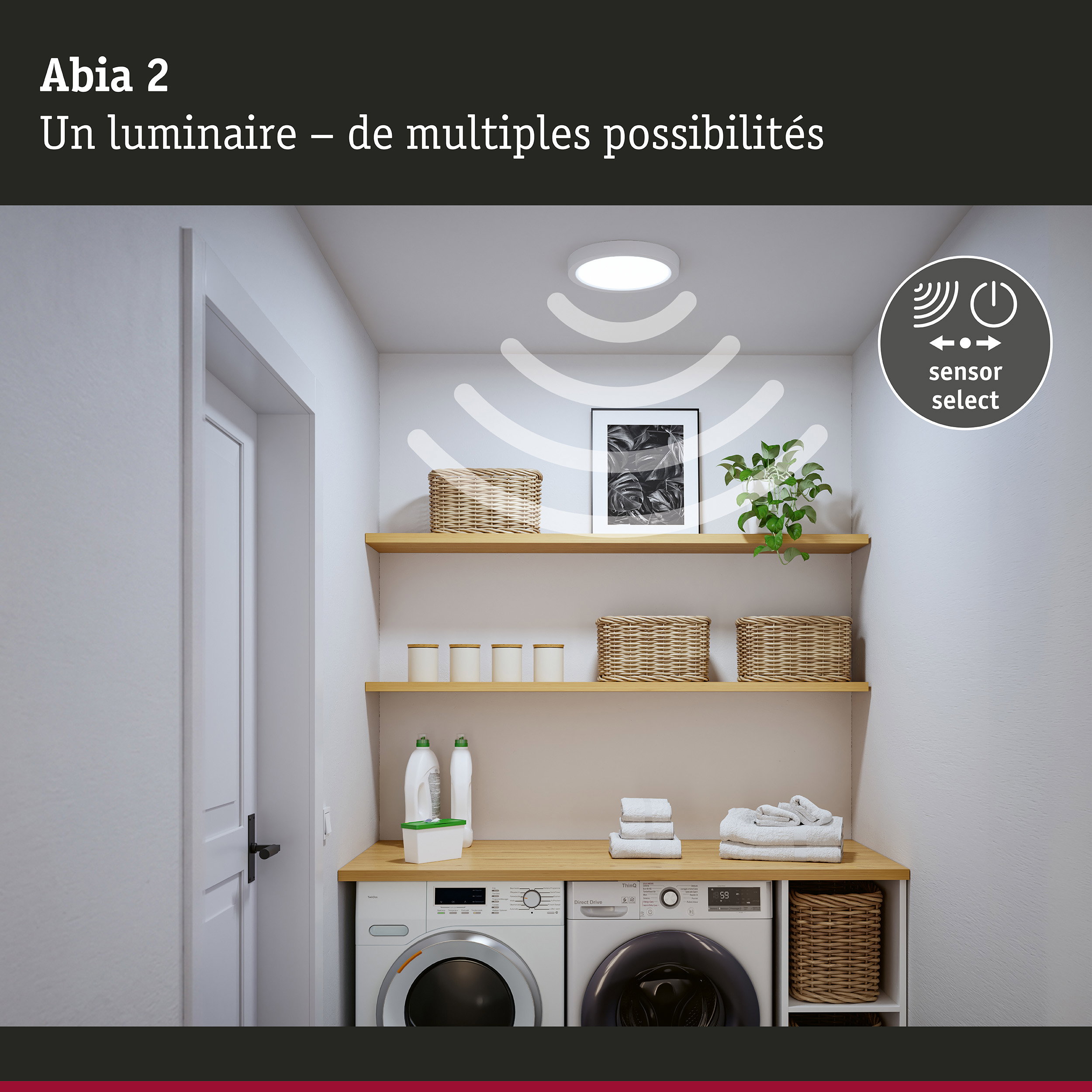Plafonnier LED Abia 2 blanc avec capteur, idéal pour l'éclairage fonctionnel des buanderies