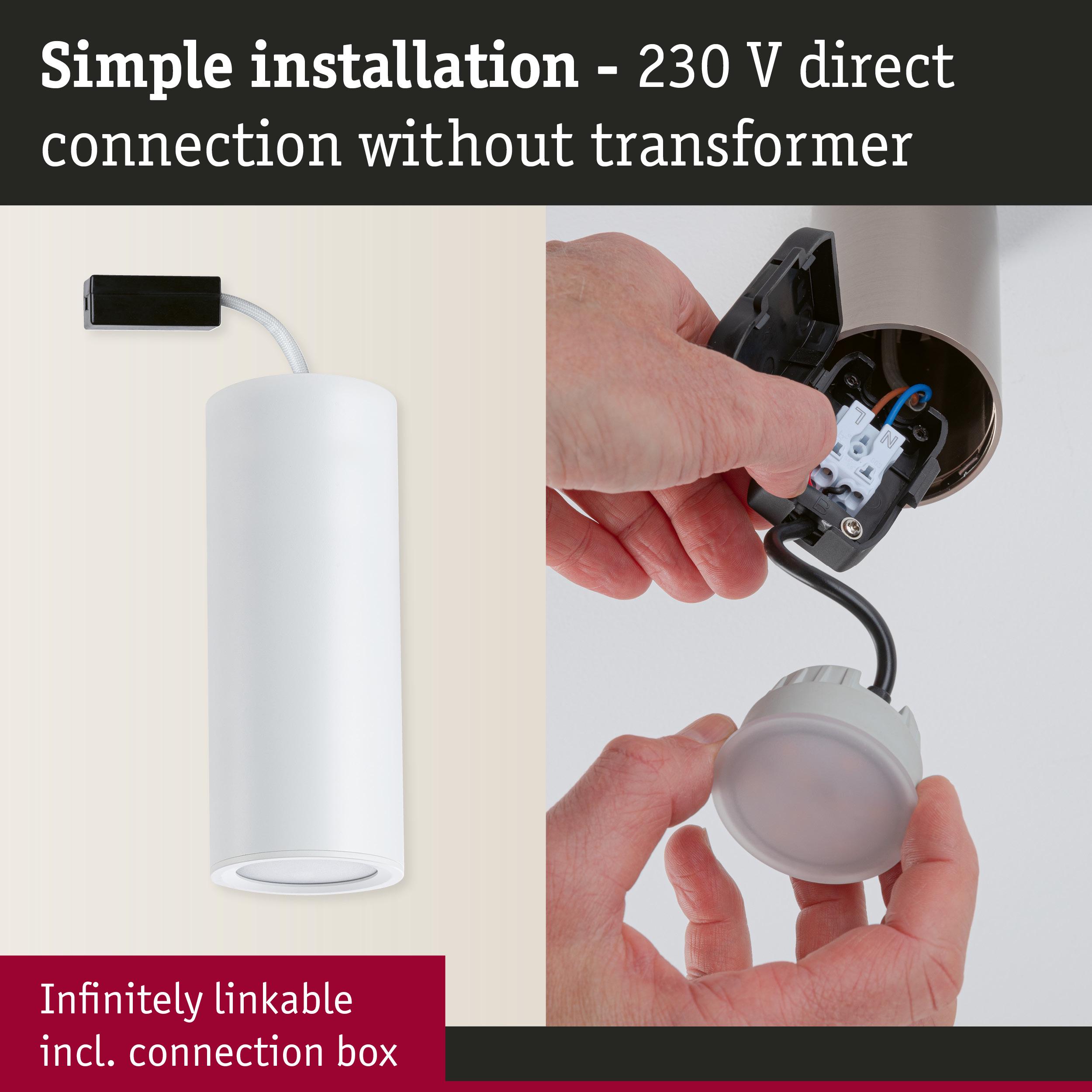 White metal LED ceiling spotlight with simple 230 V direct connection without transformer, including connection box