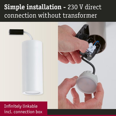 White metal LED ceiling spotlight with simple 230 V direct connection without transformer, including connection box