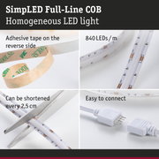 LED strip with 840 LEDs per meter, adhesive backing, cuttable every 2.5 cm, easy connector plug