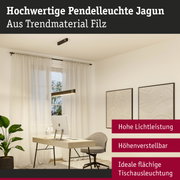 Moderne Pendelleuchte Jagun aus Filz in Schwarz über hellem Schreibtisch im Büro mit höhenverstellbarer Beleuchtung
