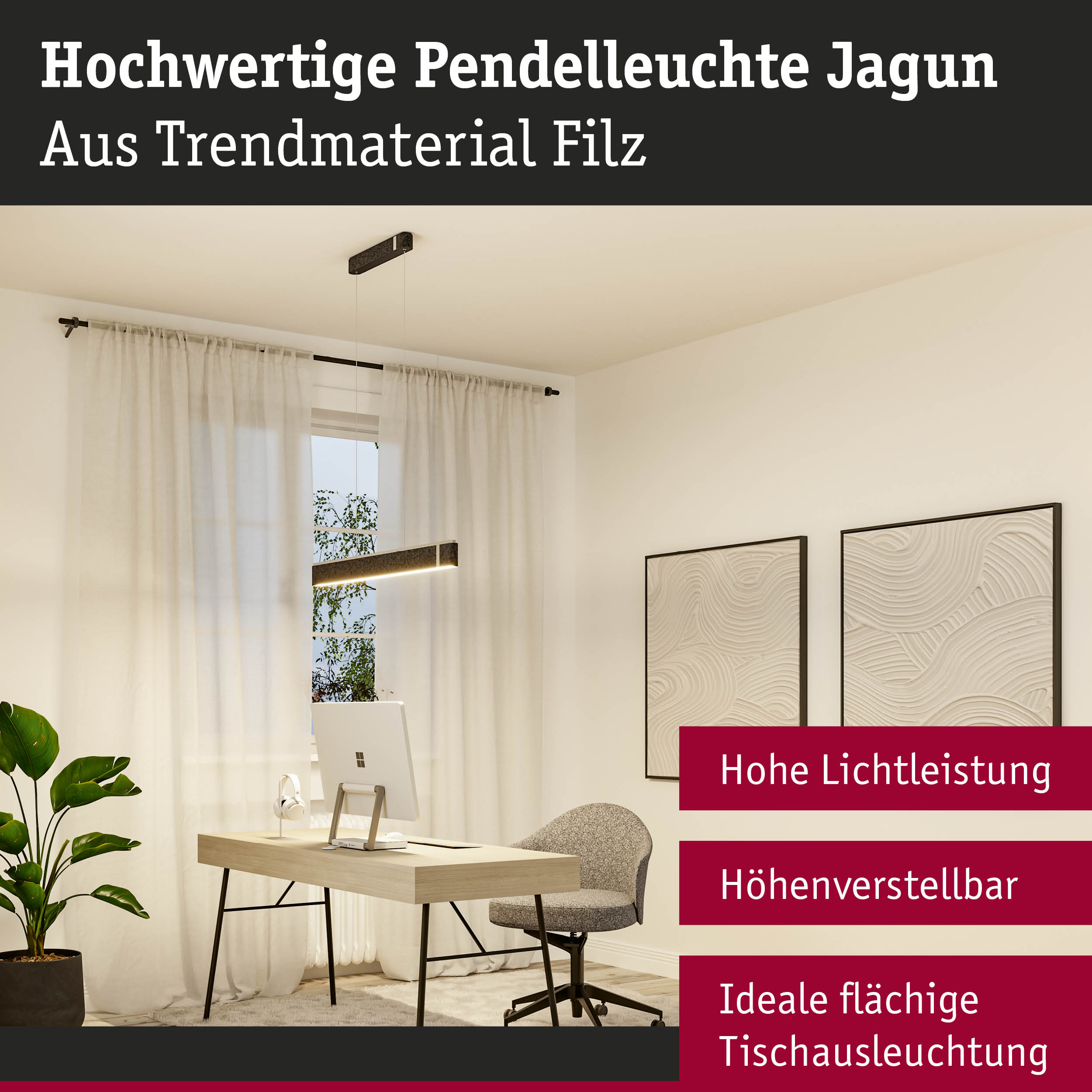Moderne Pendelleuchte Jagun aus Filz in Schwarz über hellem Schreibtisch im Büro mit höhenverstellbarer Beleuchtung