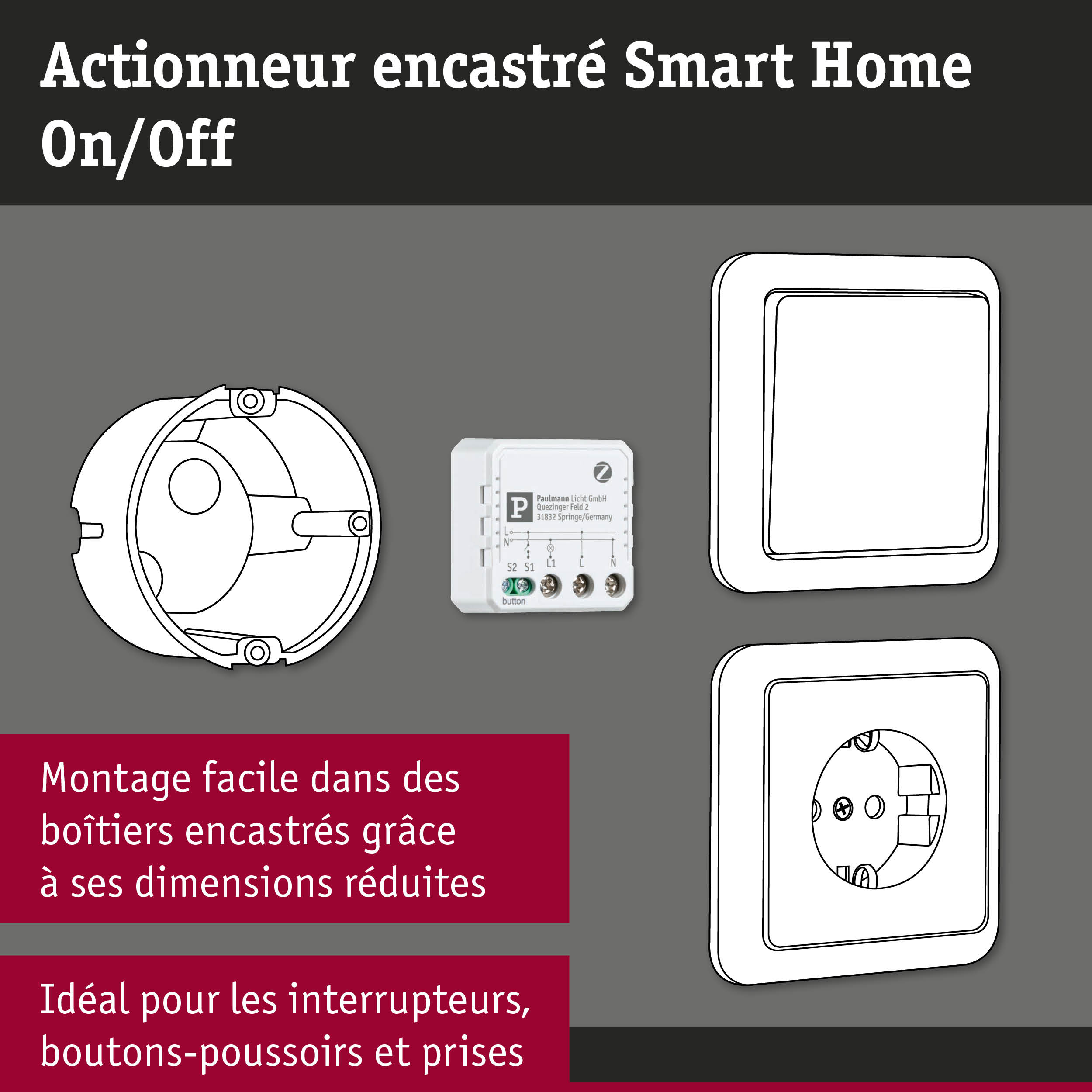 Actionneur encastré Smart Home blanc avec interrupteur et boîte pour installation facile