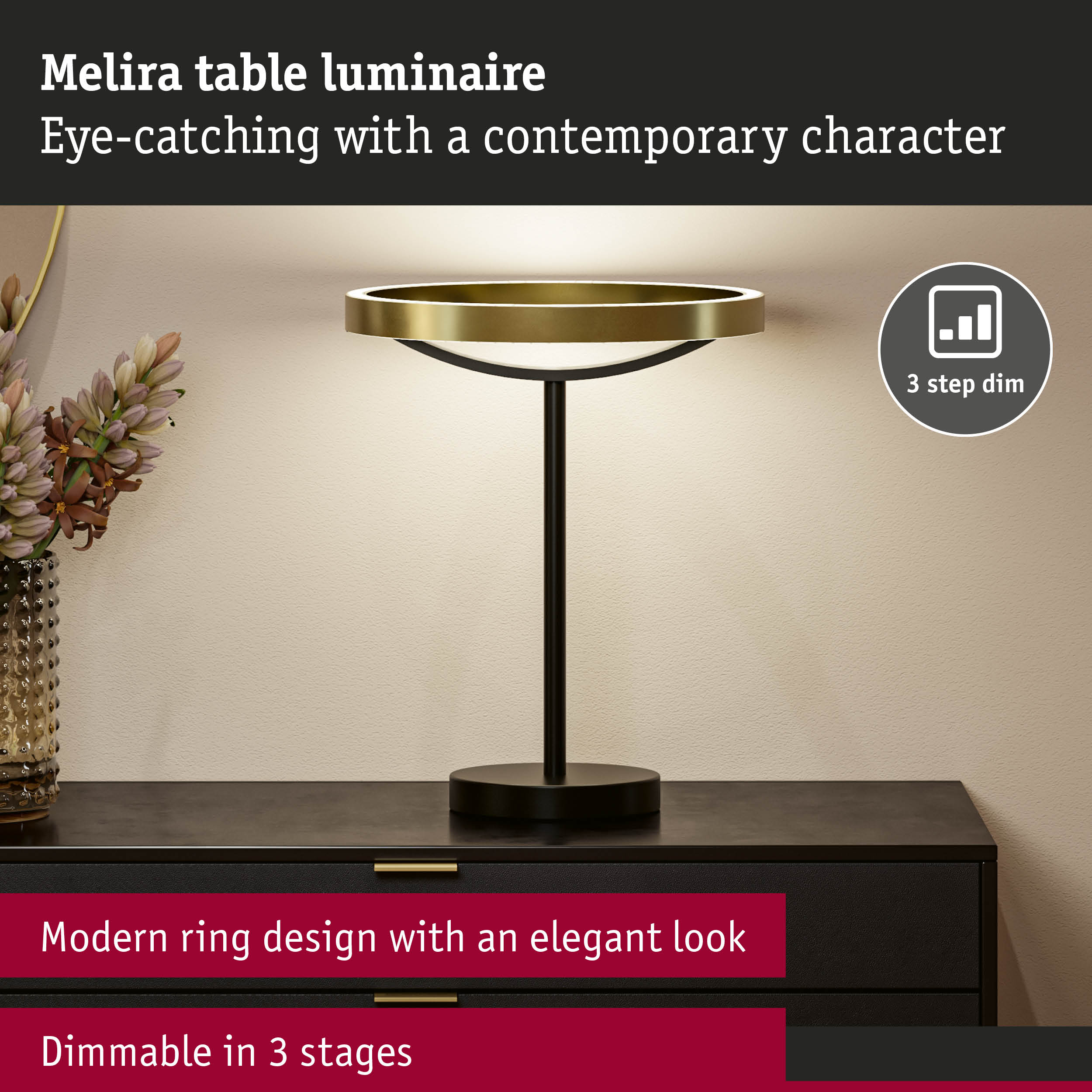 Melira table lamp with modern gold ring design and black base, dimmable in 3 stages for elegant lighting