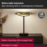 Melira table lamp with modern gold ring design and black base, dimmable in 3 stages for elegant lighting