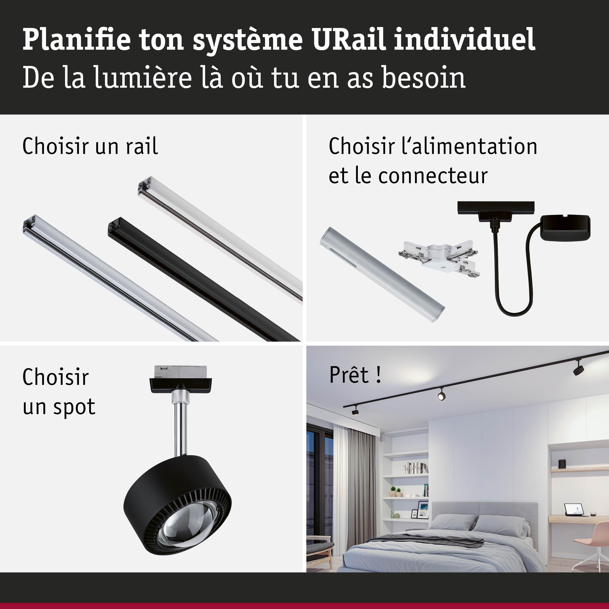 Système modulaire URail en aluminium noir et argent pour spots LED réglables dans une chambre.
