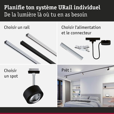 Système modulaire URail en aluminium noir et argent pour spots LED réglables dans une chambre.