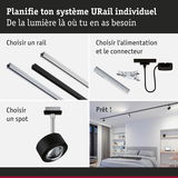 Système modulaire URail en aluminium noir et argent pour spots LED réglables dans une chambre.