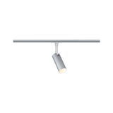 Moderne zilverkleurige aluminium spots op railsysteem met warm wit LED-licht voor accentverlichting