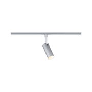 Modern silver aluminium track spotlight with warm white LED light for accent lighting in interiors