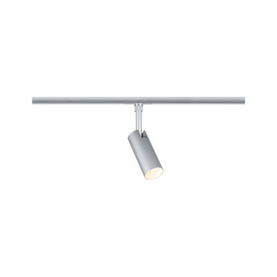 Moderne zilverkleurige aluminium spots op railsysteem met warm wit LED-licht voor accentverlichting