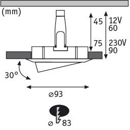 Technical drawing of LED recessed spotlight with dimensions and 30-degree tilt angle, diameter 93 mm.