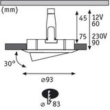Technical drawing of LED recessed spotlight with dimensions and 30-degree tilt angle, diameter 93 mm.