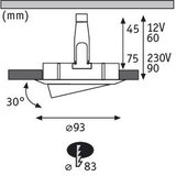 Technische Zeichnung eines LED-Einbaustrahler mit Maßen und Neigungswinkel 30 Grad, Durchmesser 93 mm.