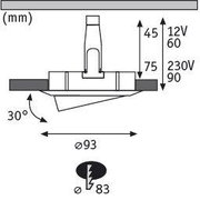 Dessin technique d'un spot LED encastré avec dimensions et angle d'inclinaison de 30 degrés