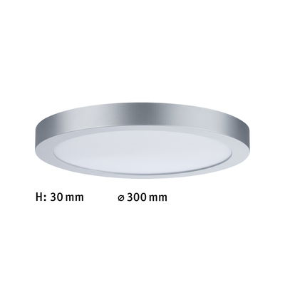 Flache runde LED-Deckenleuchte aus silbernem Aluminium mit 300 mm Durchmesser und 30 mm Höhe
