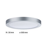 Flat round LED ceiling light in silver aluminum, 300 mm diameter and 30 mm height for modern lighting