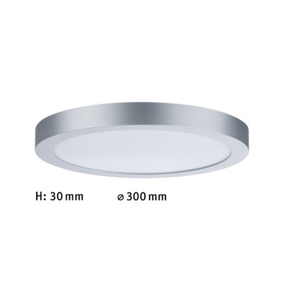 Flat round LED ceiling light in silver aluminum, 300 mm diameter and 30 mm height for modern lighting