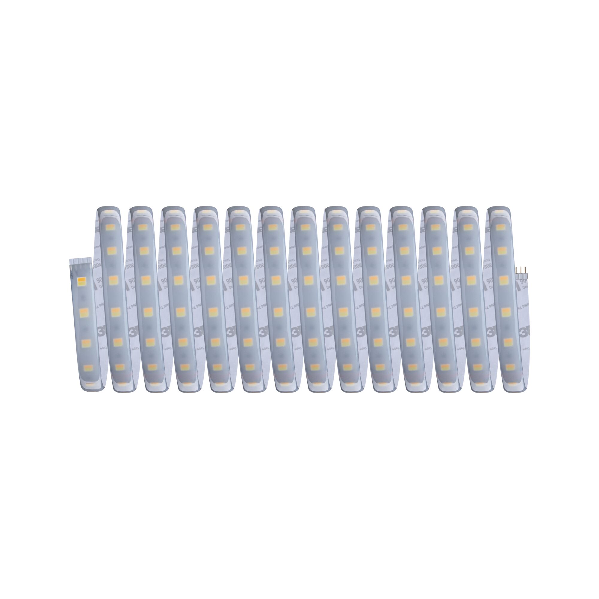 Flexible LED strip with warm white LEDs and adhesive backing for versatile lighting solutions.