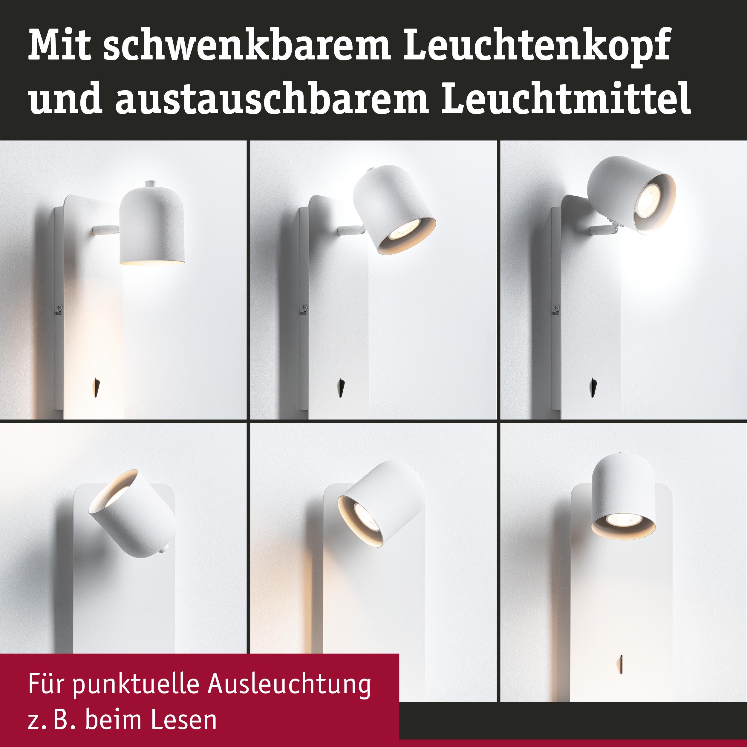 Weißer Wandstrahler aus Metall mit schwenkbarem Leuchtenkopf für gezielte Beleuchtung beim Lesen