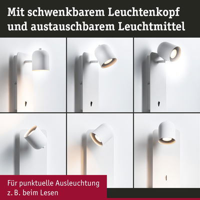 Weißer Wandstrahler aus Metall mit schwenkbarem Leuchtenkopf für gezielte Beleuchtung beim Lesen