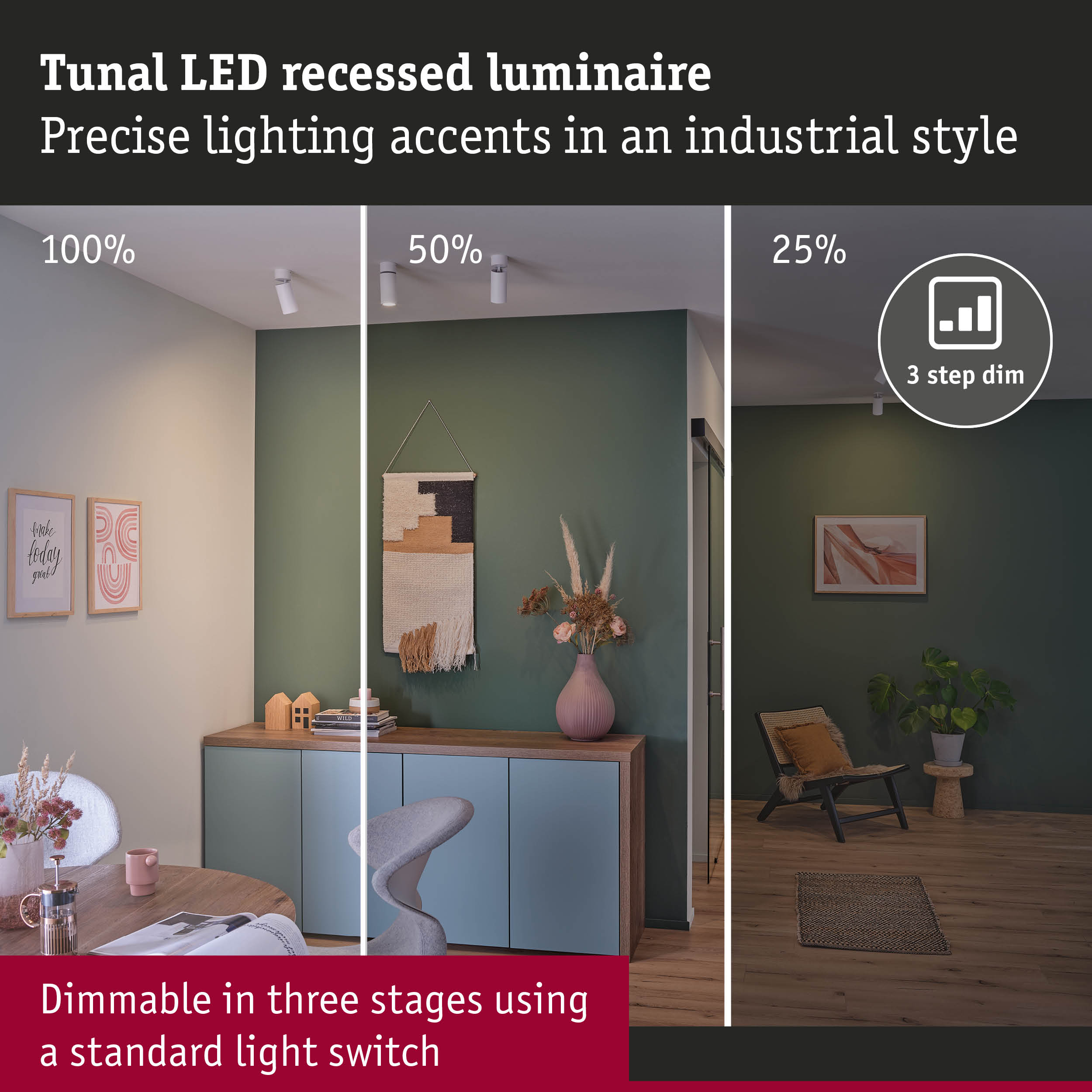 Tunal white LED recessed luminaire with three-step dimming for precise industrial style lighting accents