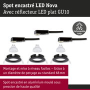 Spots encastrés LED Nova noirs avec réflecteur LED plat GU10 et lampe interchangeable