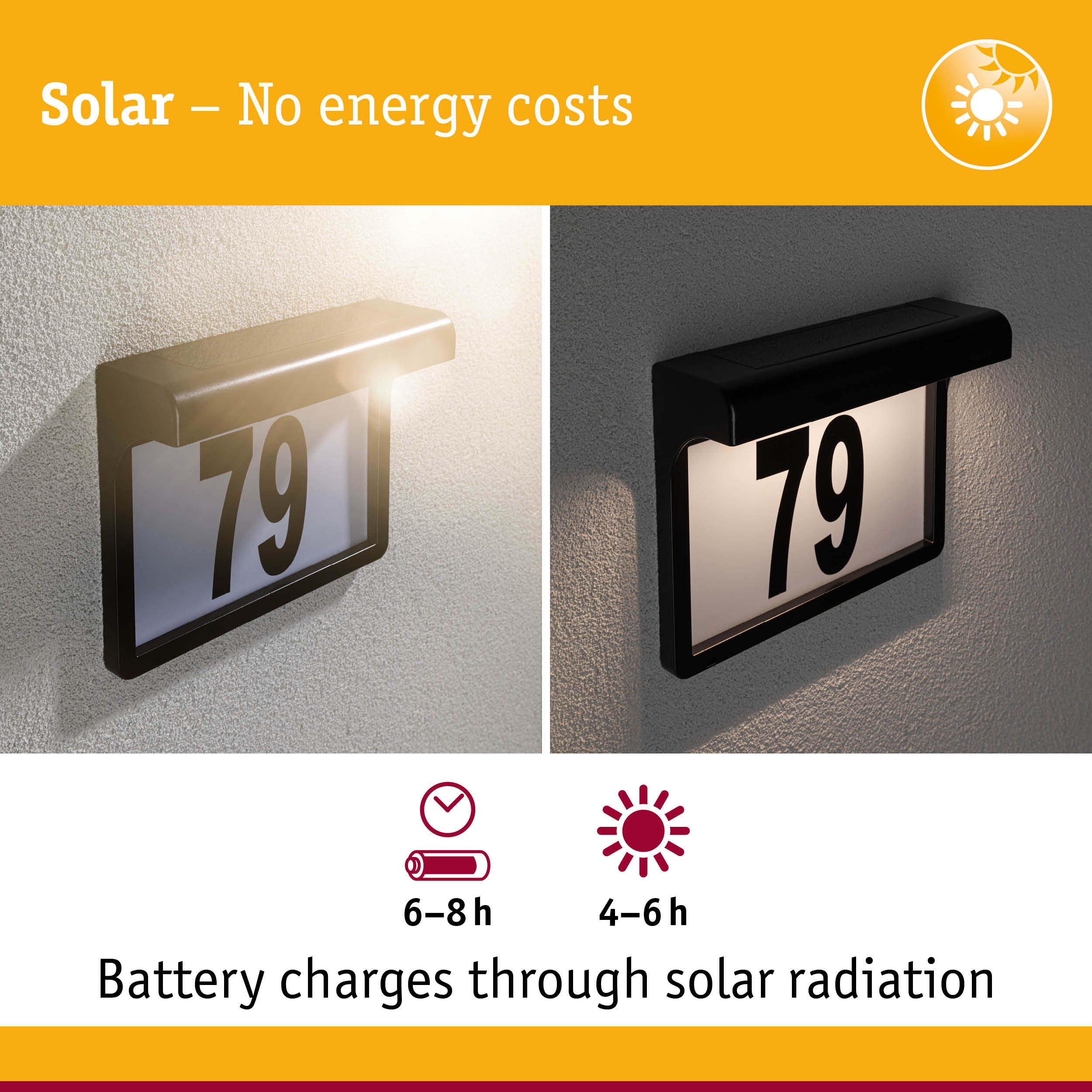 Black solar-powered house number light with LED illumination and energy-saving feature
