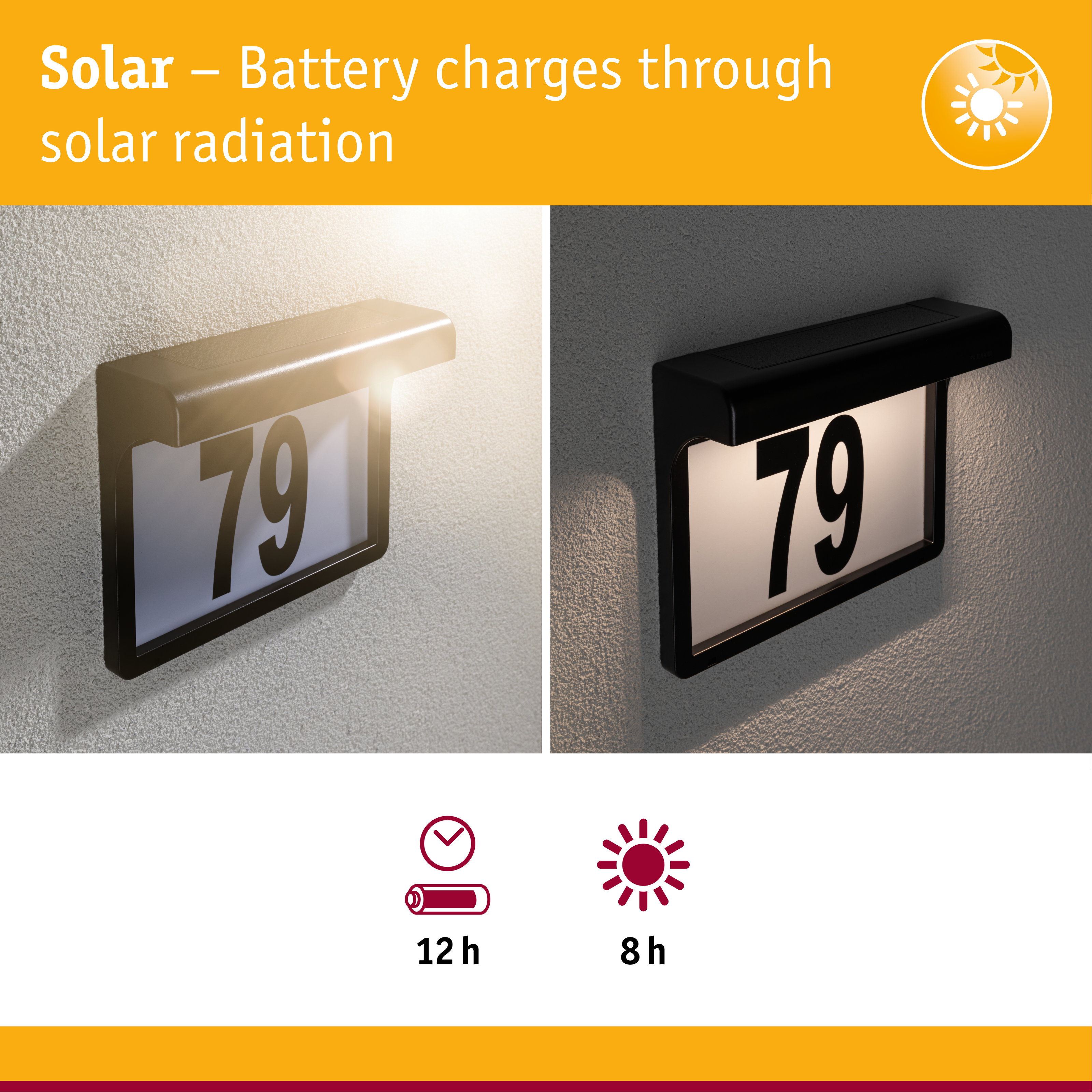 Black solar-powered house number light with LED illumination and energy-saving feature
