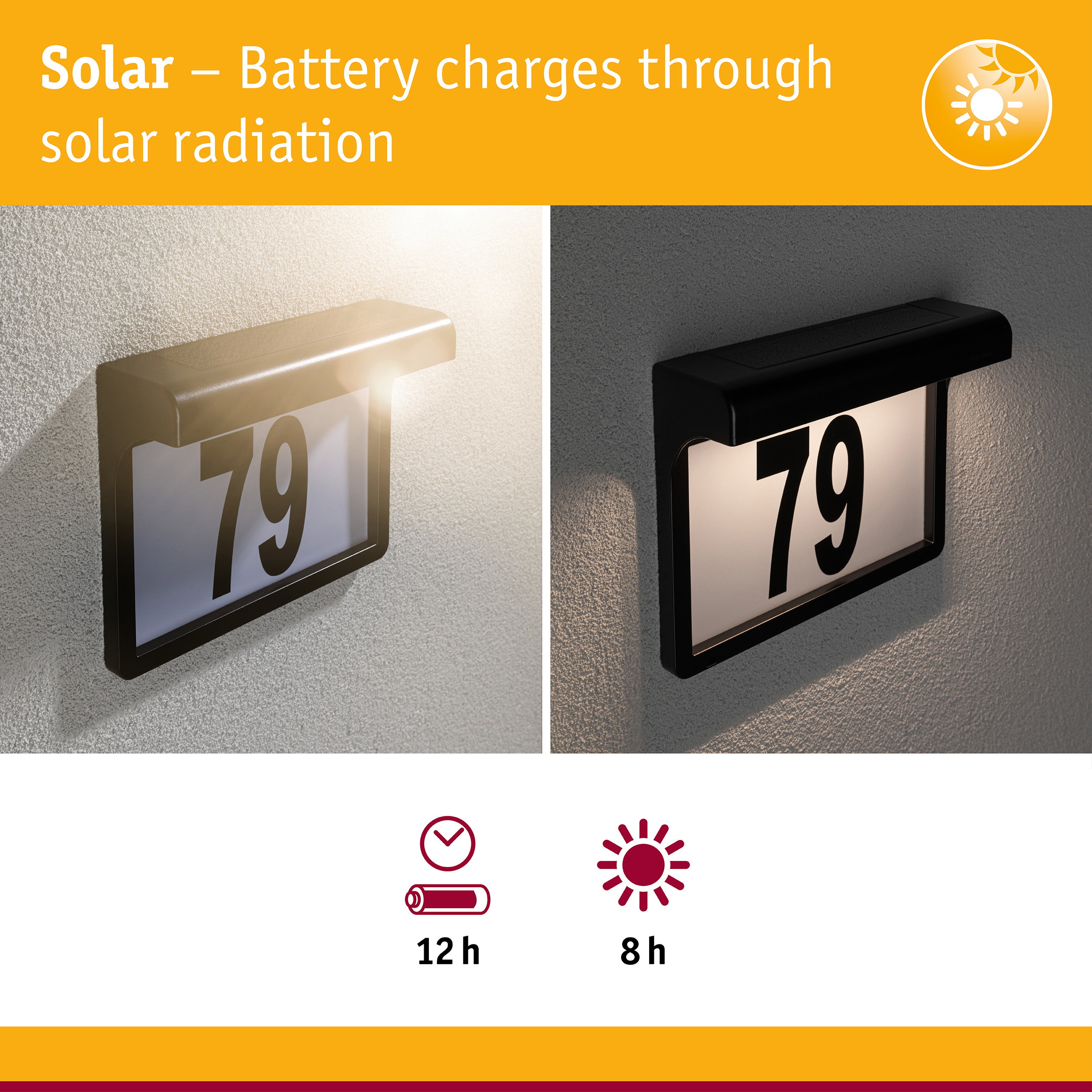 Black solar-powered house number light with LED illumination and energy-saving feature