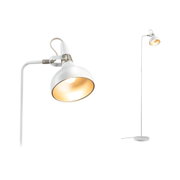 White metal floor lamp with adjustable shade and gold interior for living room lighting