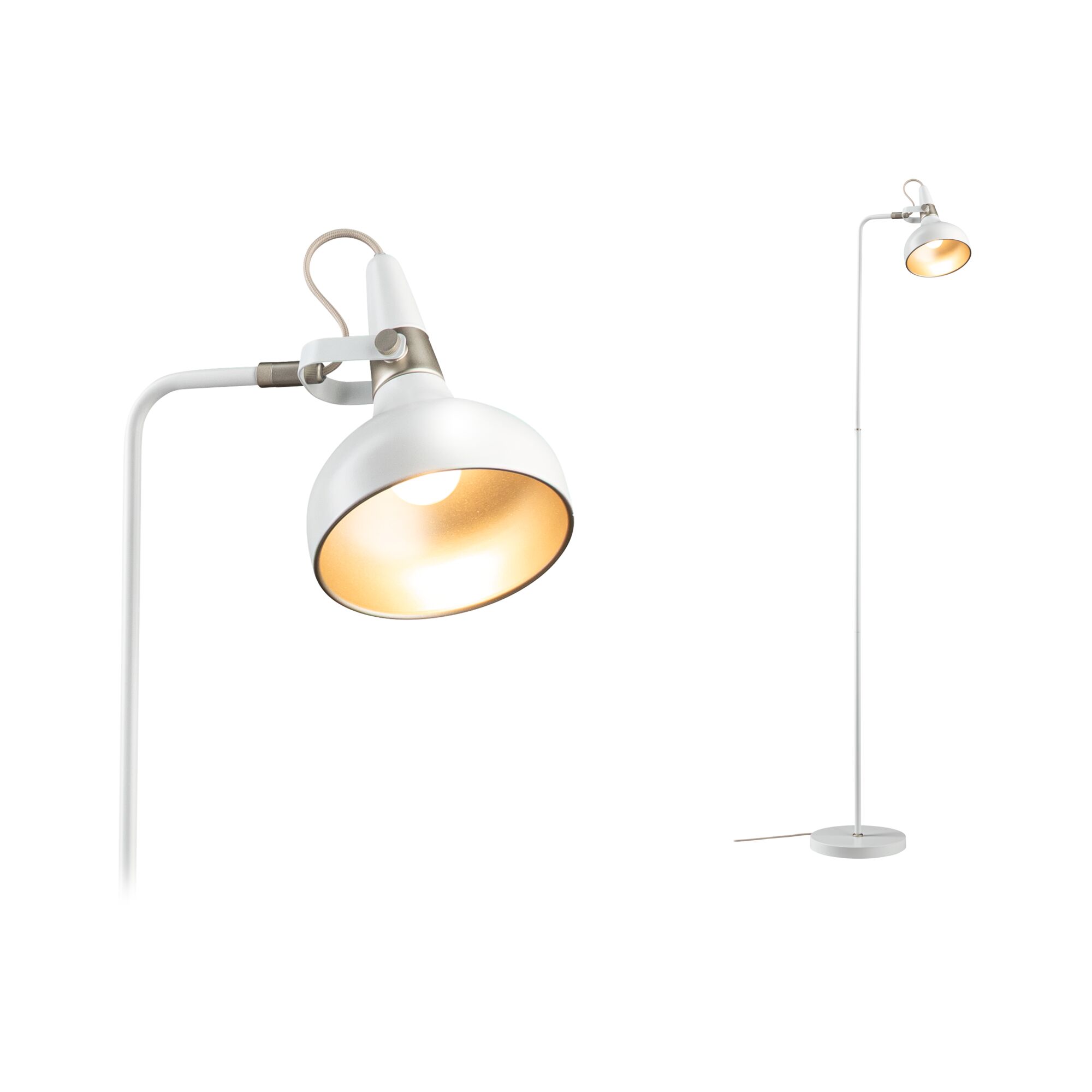 Standerlampe Juna E14 max. 20W Mat hvid/Champagne Metal Hvid metal gulvlampe med justerbar skærm og gyldent indre til stuebelysning