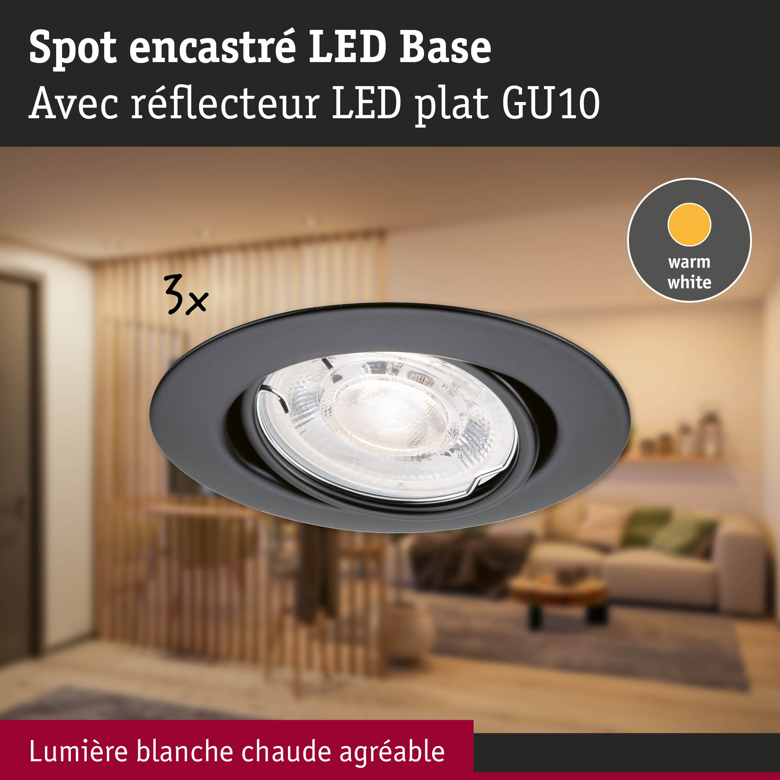 Spot LED encastré noir avec réflecteur plat GU10 et lumière blanc chaud pour salon