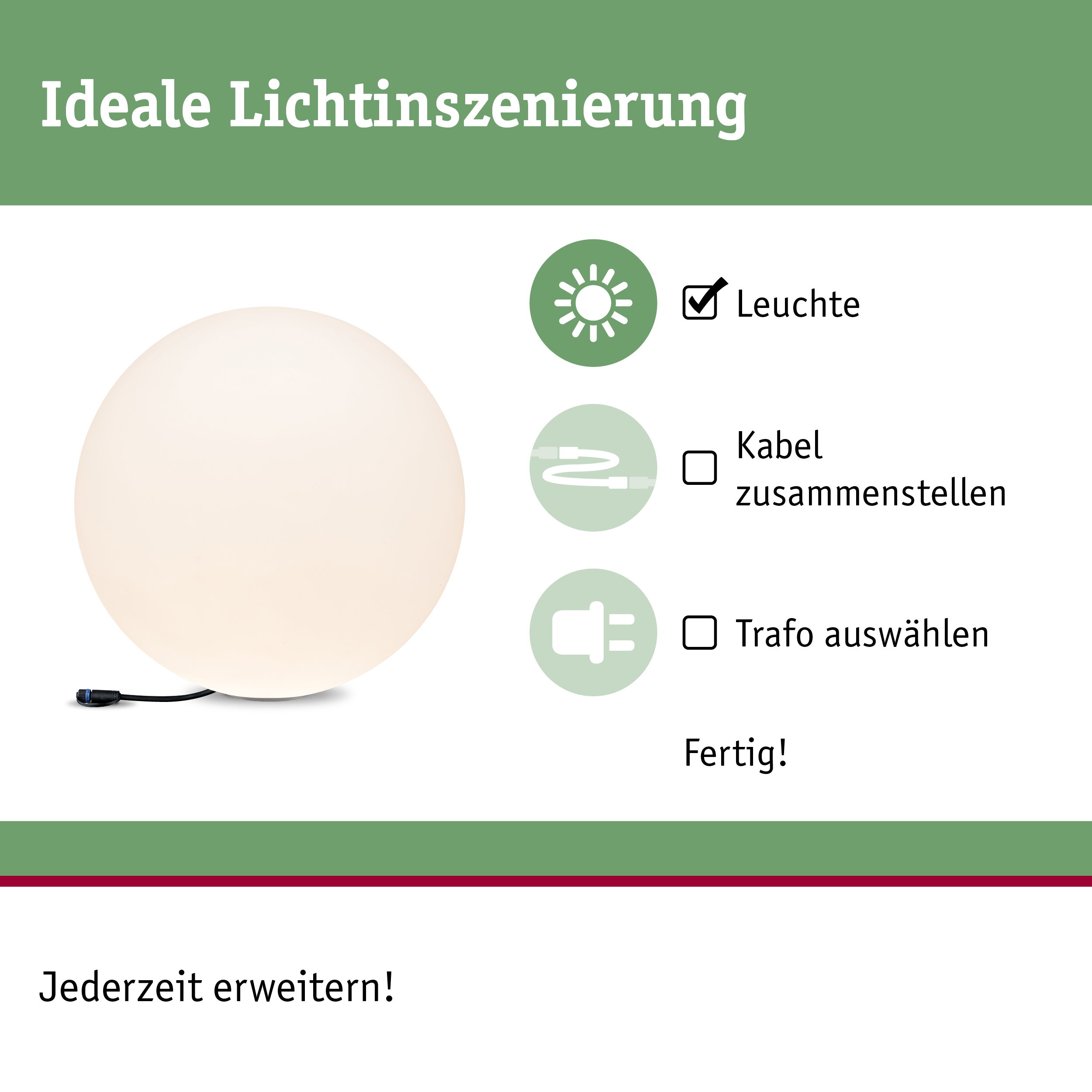 Weiße Kugelleuchte mit schwarzem Kabel auf grünem Hintergrund für Lichtinszenierung und Beleuchtung
