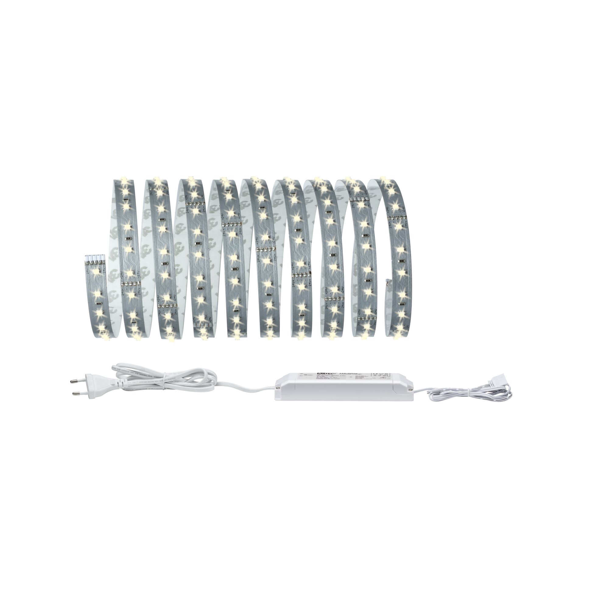 Flexible LED strip light with warm white LEDs and white power supply for versatile lighting use