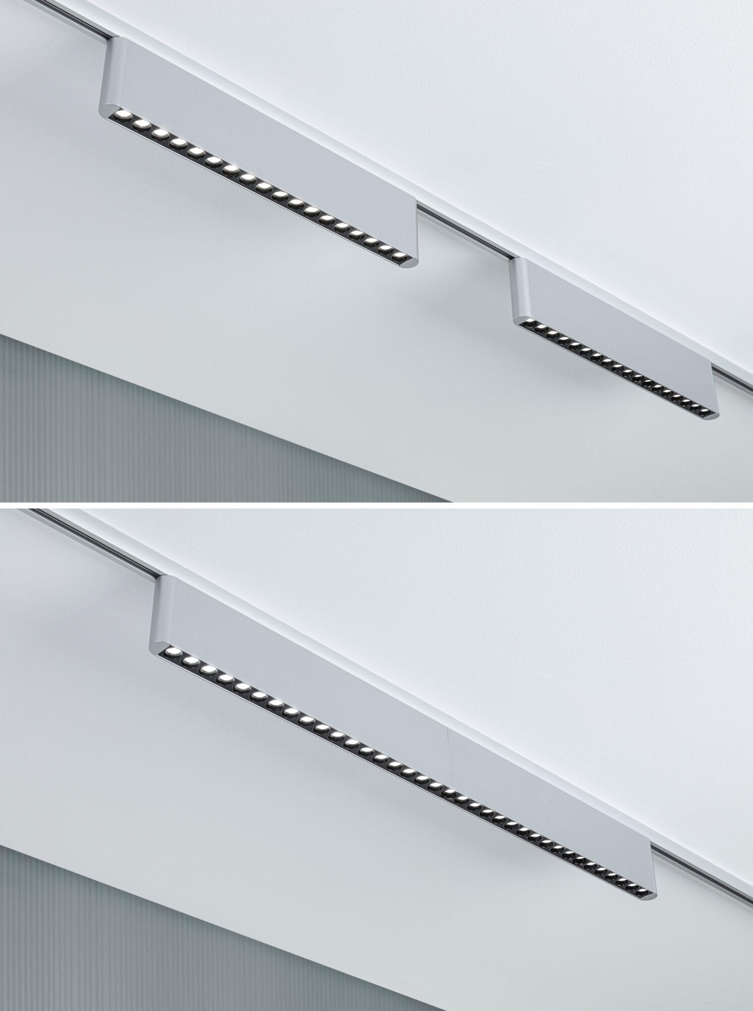 Moderne LED-Schienenleuchte aus silbernem Aluminium mit mehreren kleinen Leuchtpunkten an der Decke