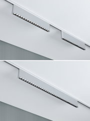 Moderne LED-Schienenleuchte aus silbernem Aluminium mit mehreren kleinen Leuchtpunkten an der Decke
