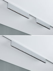Modern silver aluminium LED track light with multiple small light points mounted on ceiling