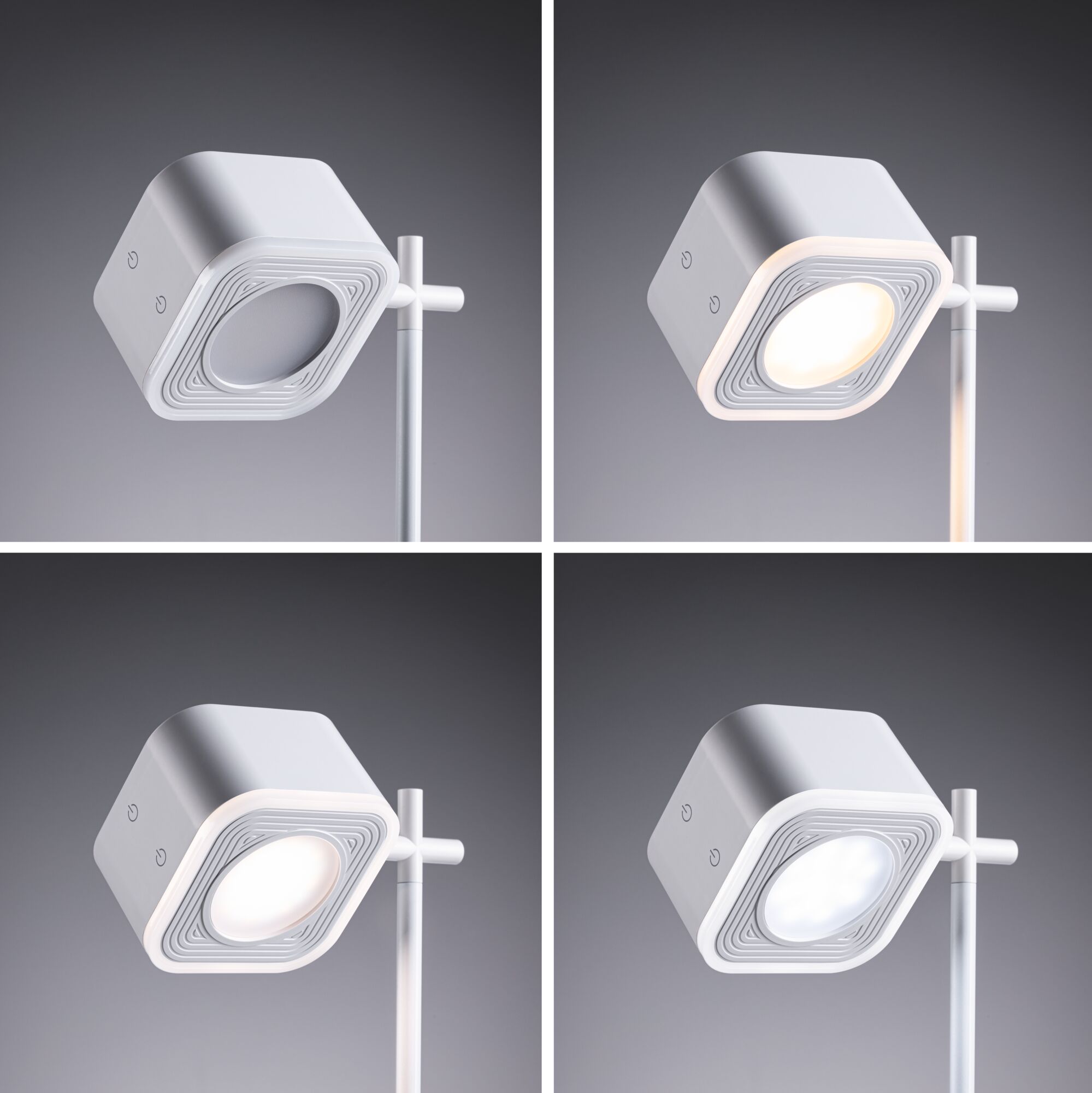 Lampadaire LED blanc moderne avec tête carrée réglable et interrupteur tactile pour espaces de vie.