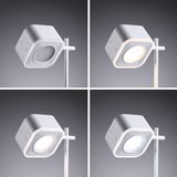 Lampadaire LED blanc moderne avec tête carrée réglable et interrupteur tactile pour espaces de vie.