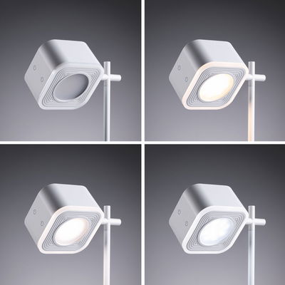 Lampadaire LED blanc moderne avec tête carrée réglable et interrupteur tactile pour espaces de vie.